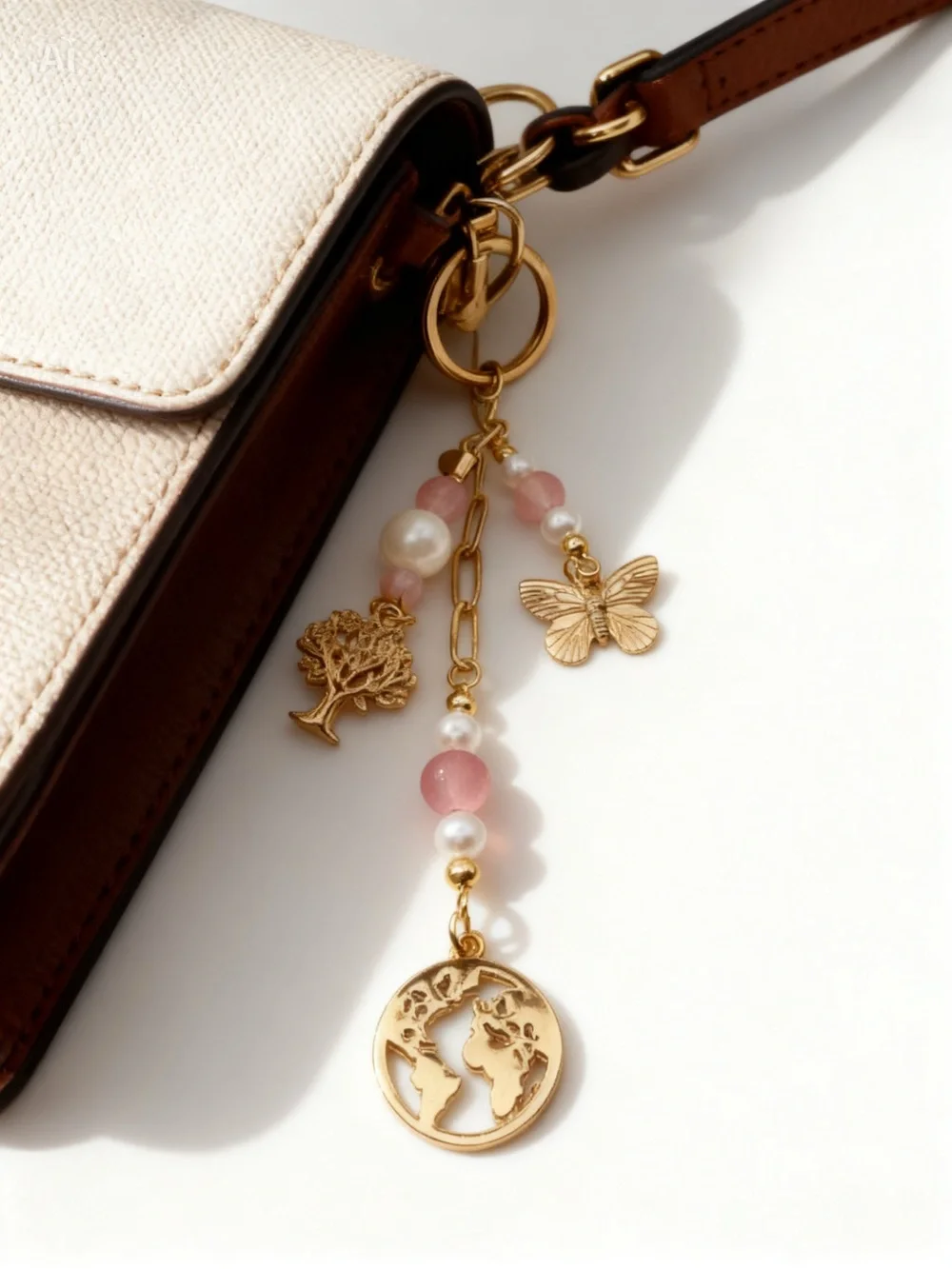 Gold Keychain with Pink Beads & Earth, Tree & Butterfly Charms